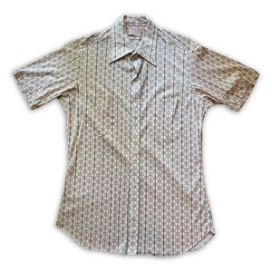 RARE Wing Kee of Hong Kong Button Up Shirt Short Sleeve White Slim Geometric